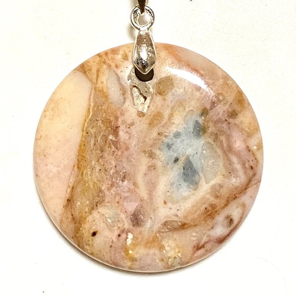 Natural Peachy Agate Pendant, Large Genuine Gemstone Round Coin Pendant - Picture 1 of 12